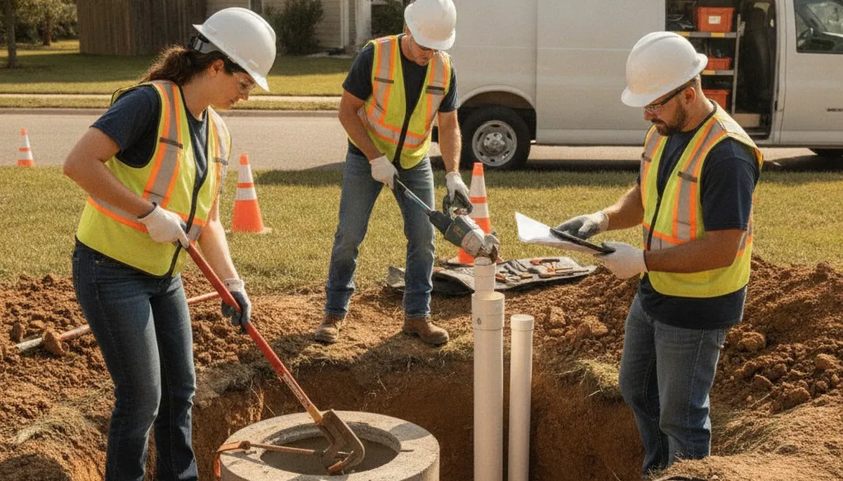 Septic repair crew servicing a Greenville, NC home for soggy yard and slow drain issues