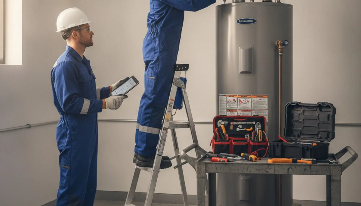Water heater repair technician servicing a home in Greenville, NC